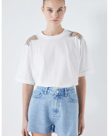 Pantaloni scurti de denim cu aplicatii de strasuri, Albastru deschis/Argintiu