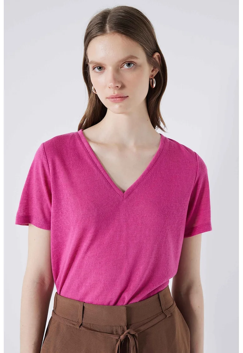 Tricou cu model uni si decolteu in V, Roz zmeuriu