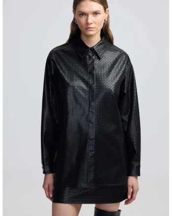 Camasa de piele ecologica cu aspect texturat, Negru