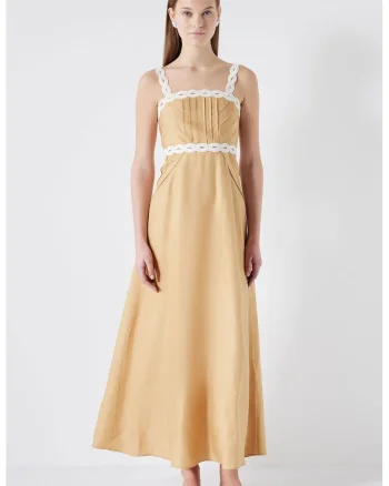 Rochie maxi din amestec de in cu croiala in A, Alb/Bej