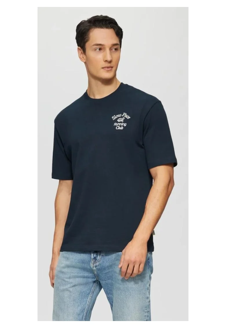 Tricou barbati cu decolteu la baza gatului, Regular fit, din jerse de bumbac, Bleumarin inchis,