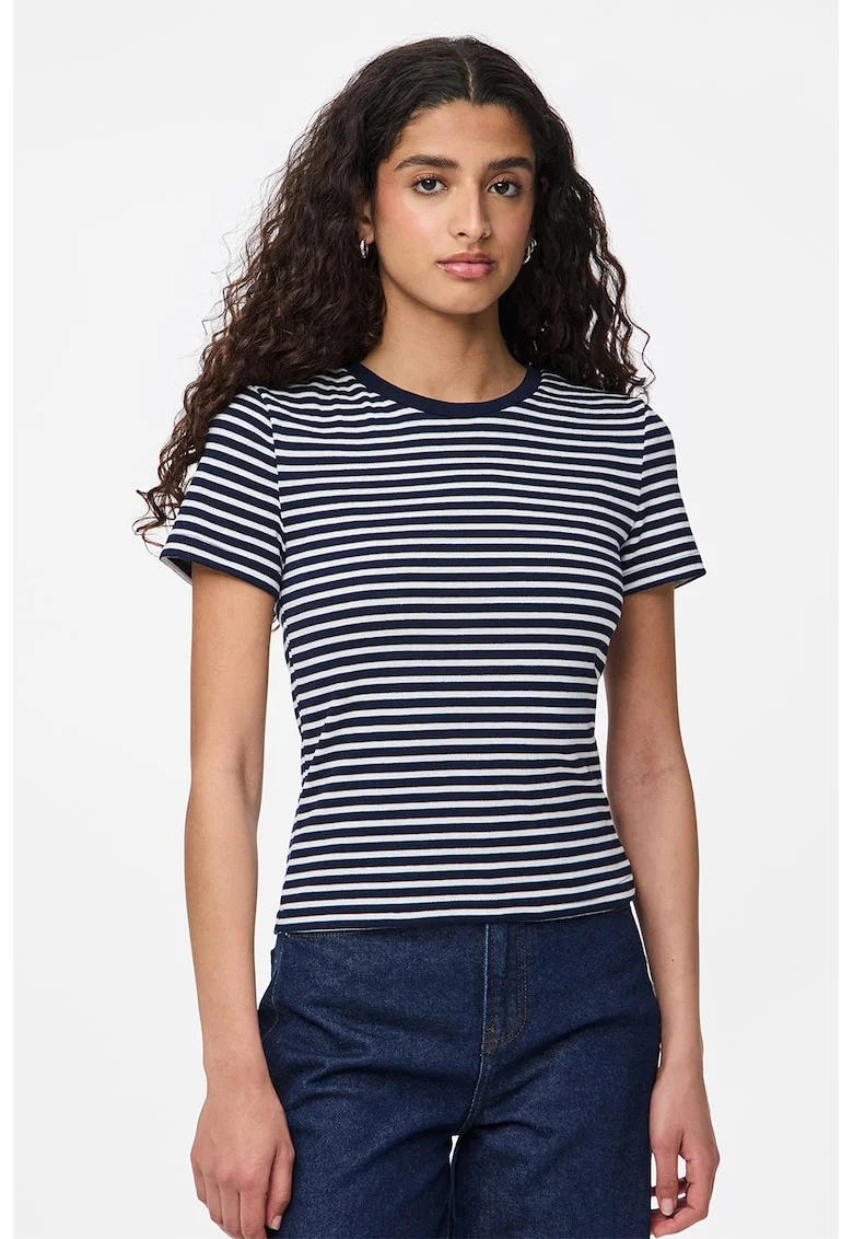Tricou cu decolteu rotund si dungi, Alb/Bleumarin