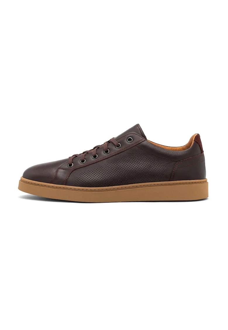 Pantofi sport din piele cu garnituri din piele intoarsa, Maro inchis