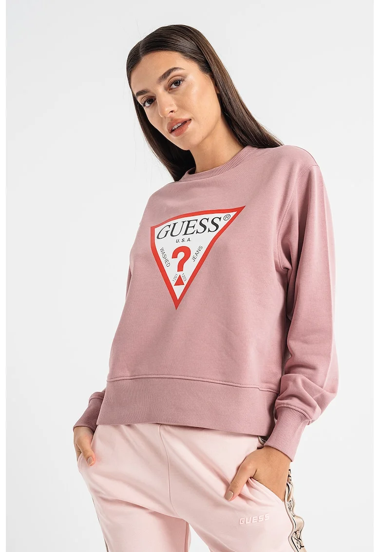 Bluza de trening cu decolteu la baza gatului si logo, Roz prafuit