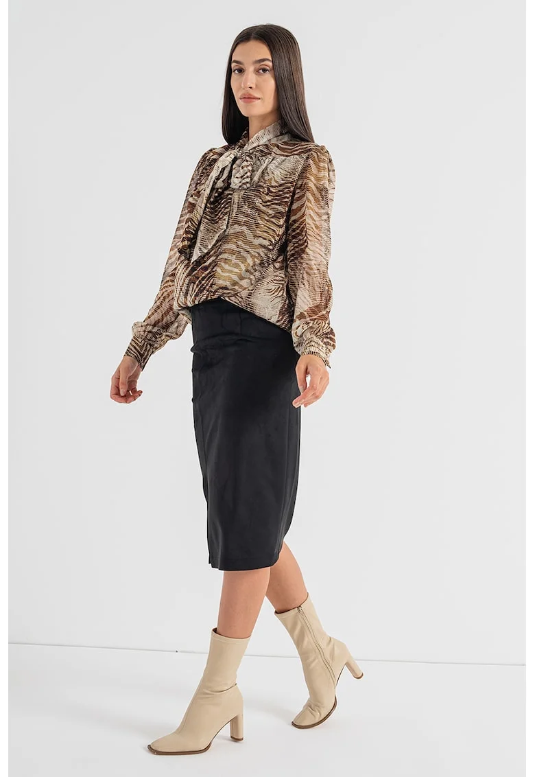 Bluza cu animal print si guler cu funda din panglici, Maro scortisoara/Maro nisip