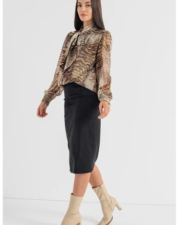 Bluza cu animal print si guler cu funda din panglici, Maro scortisoara/Maro nisip