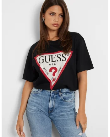 Tricou cu imprimeu logo si strasuri, Rosu/Negru