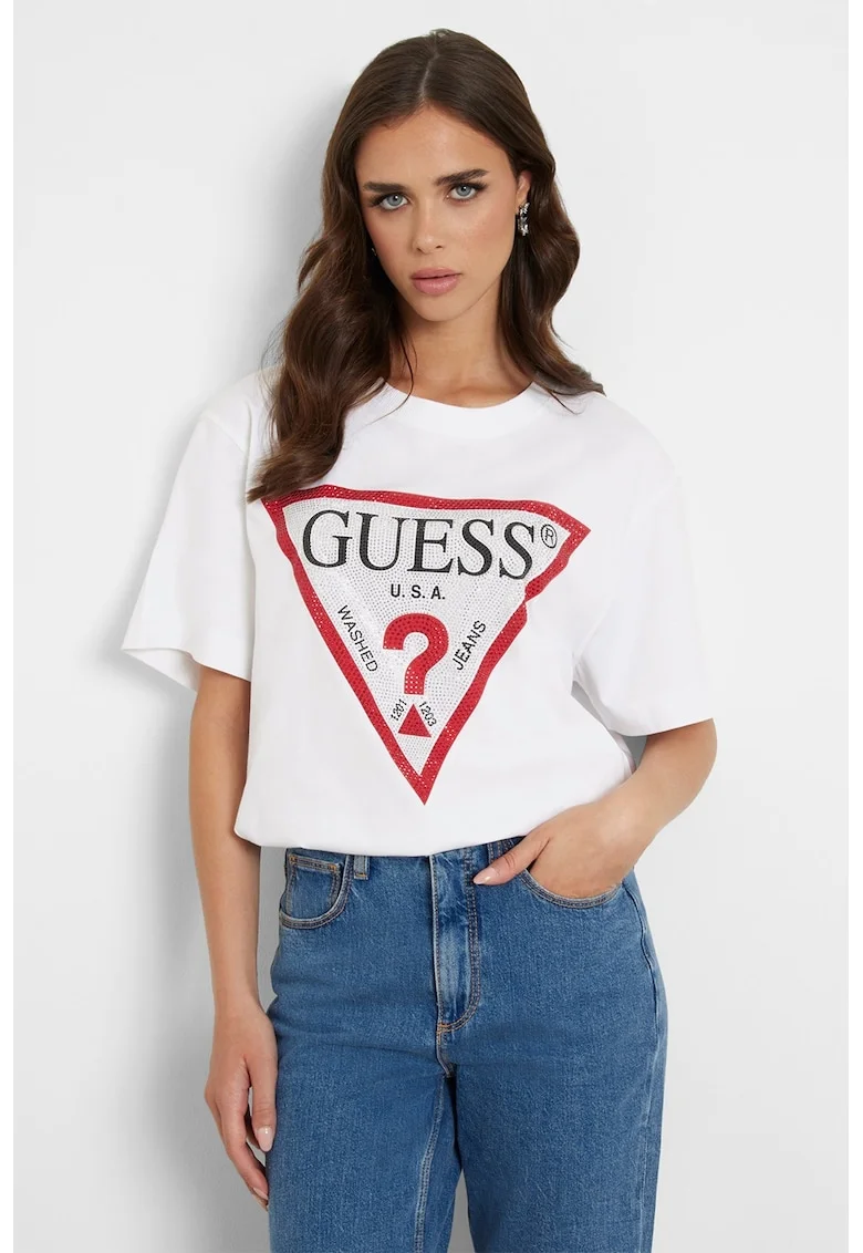 Tricou cu imprimeu logo si strasuri, Rosu/Alb