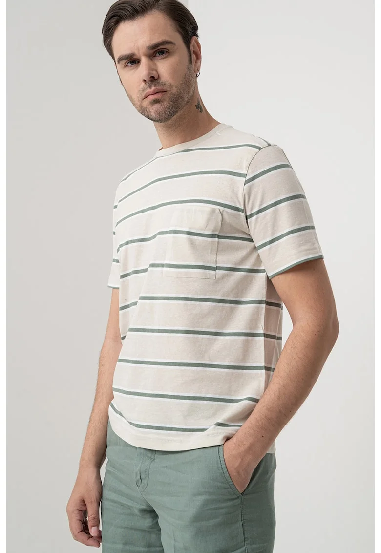Tricou cu decolteu la baza gatului si imprimeu in dungi, Alb/Alb fildes/Verde inchis