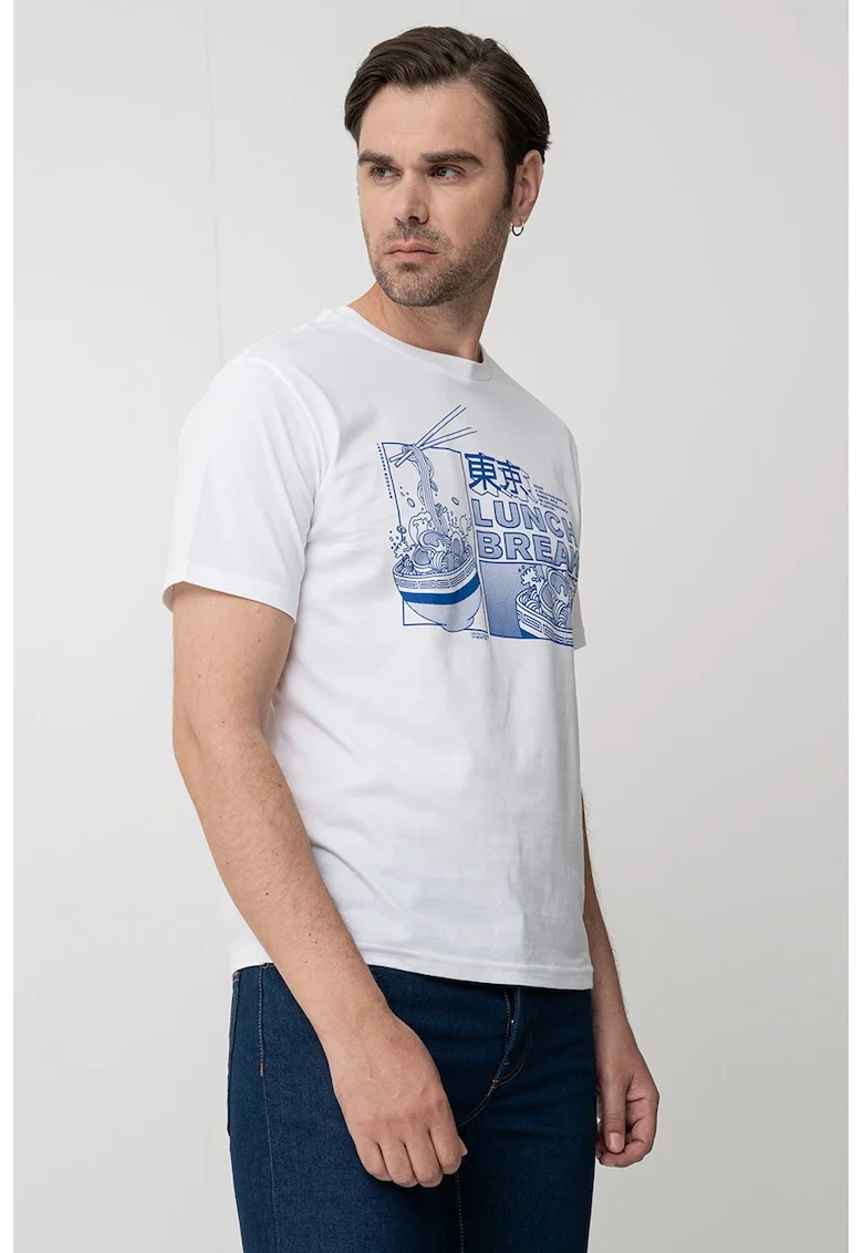 Tricou cu decolteu la baza gatului si imprimeu, Alb/Albastru