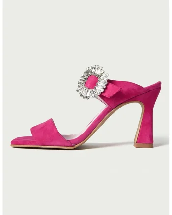 Papuci din piele intoarsa cu toc inalt, Fucsia