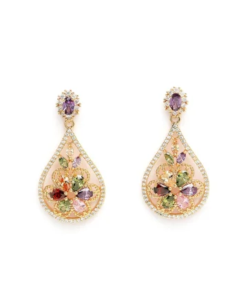 Cercei cu zirconia si model floral Vintage, Multicolor