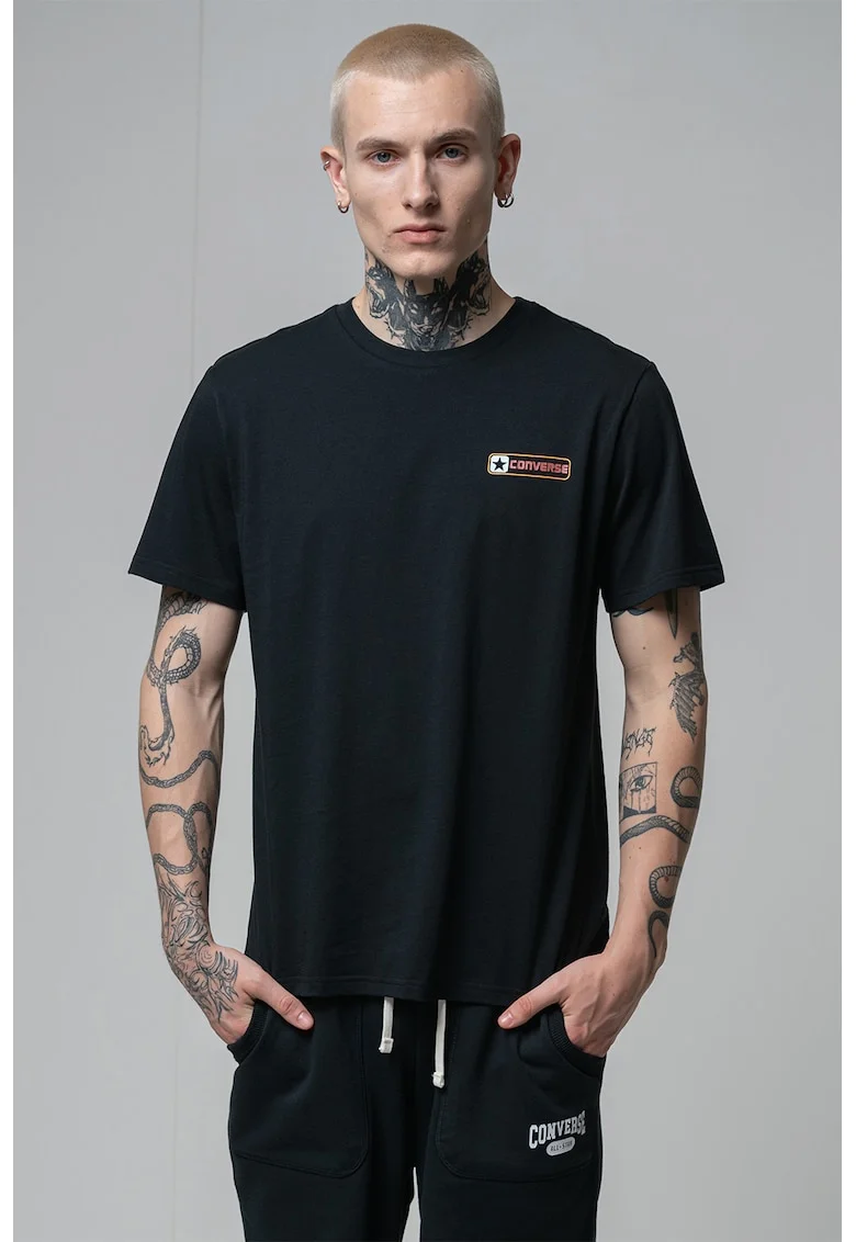Tricou cu imprimeu logo pe partea din spate, Negru/Albastru glaciar