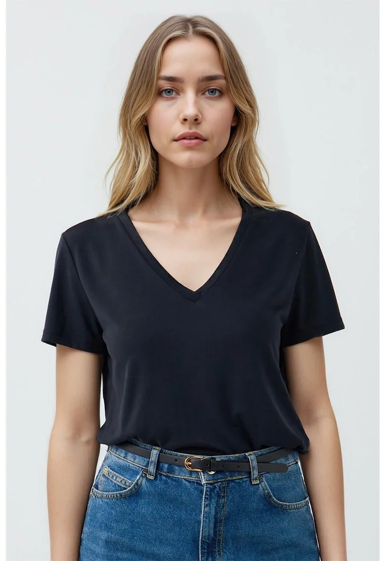 Tricou din amestec de modal cu decolteu in V, Negru