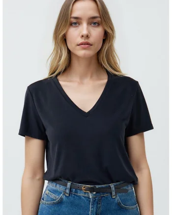 Tricou din amestec de modal cu decolteu in V, Negru