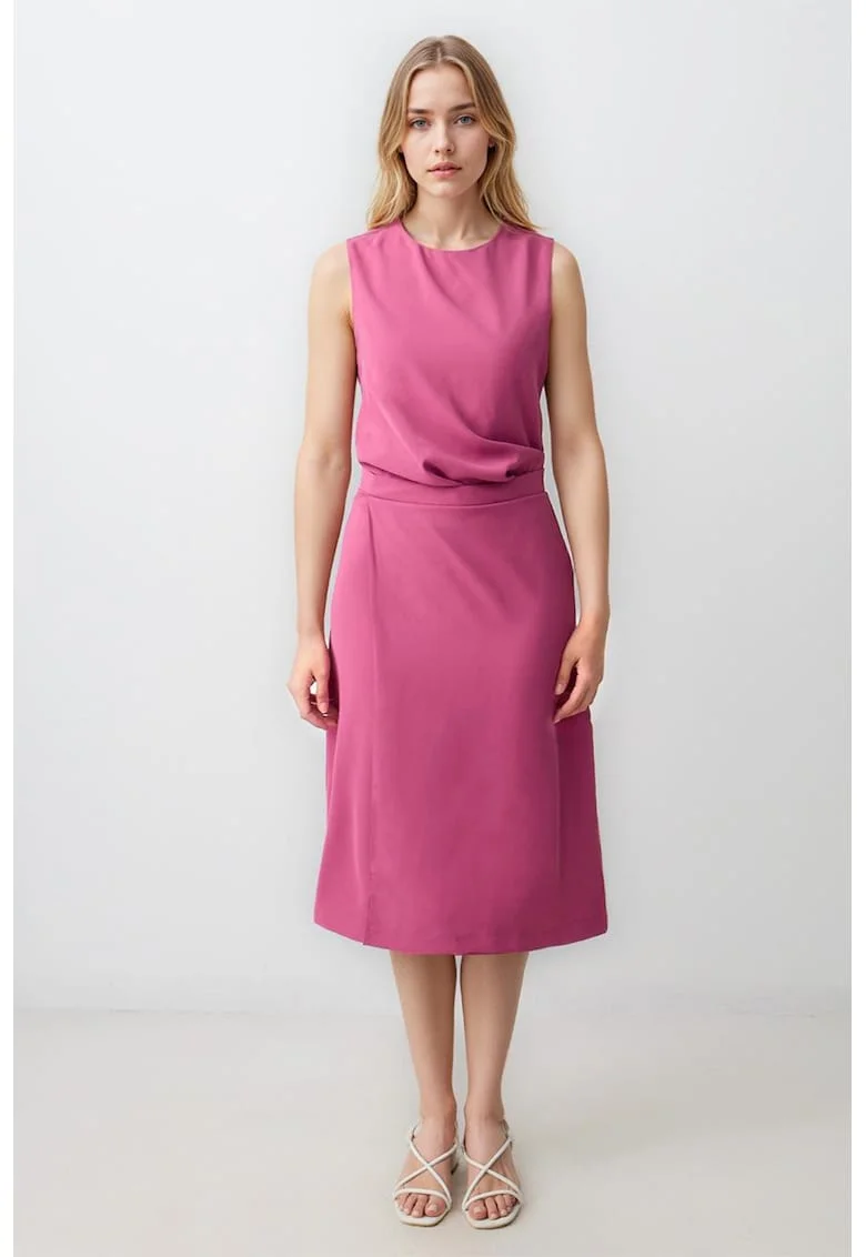 Rochie midi evazata cu decolteu la baza gatului, Roz pastel