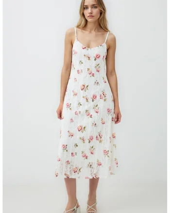 Rochie midi cu model floral, Verde/Alb murdar/Roz