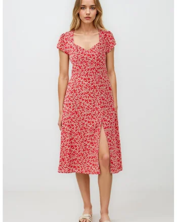 Rochie midi cu slit, Rosu/Alb fildes