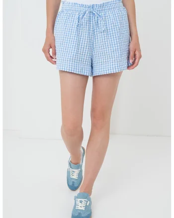 Pantaloni scurti cu snur si model in carouri, Alb