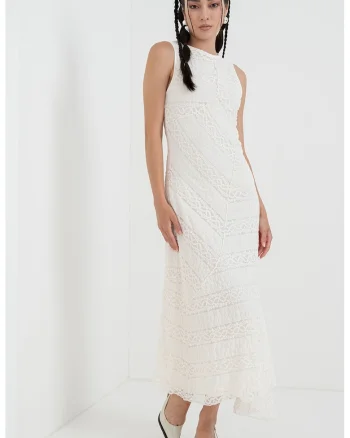 Rochie midi cu dantela crosetata, Alb murdar