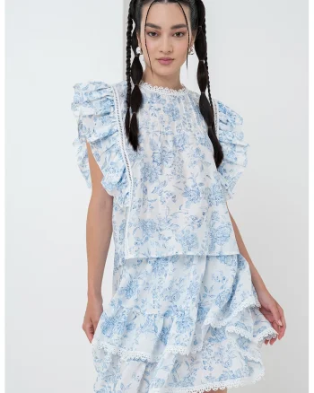 Bluza lejera cu maneci scurte cu volane, Albastru