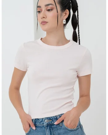 Tricou crop din amestec de bumbac organic cu decolteu rotund, Roz pastel