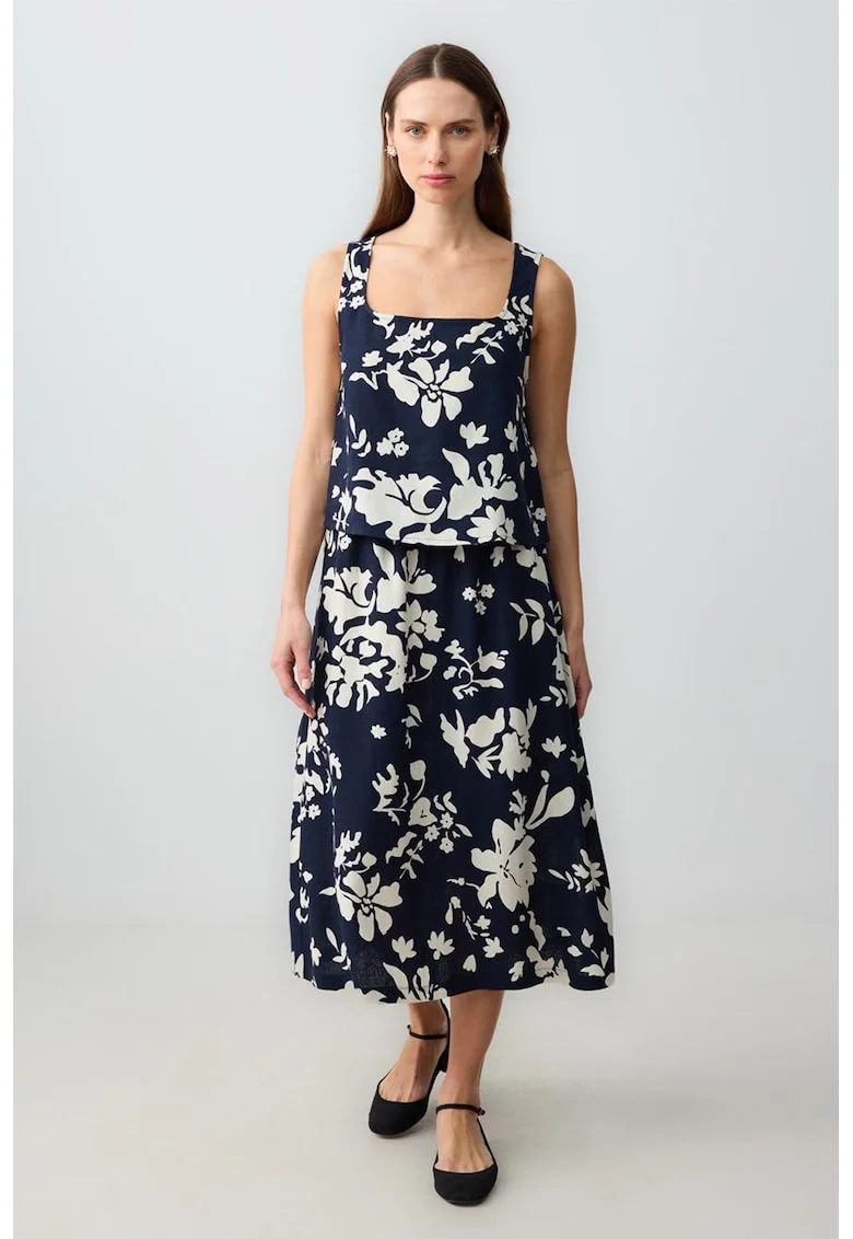 Fusta midi din amestec de in cu croiala in A si imprimeu floral, Alb fildes/Negru