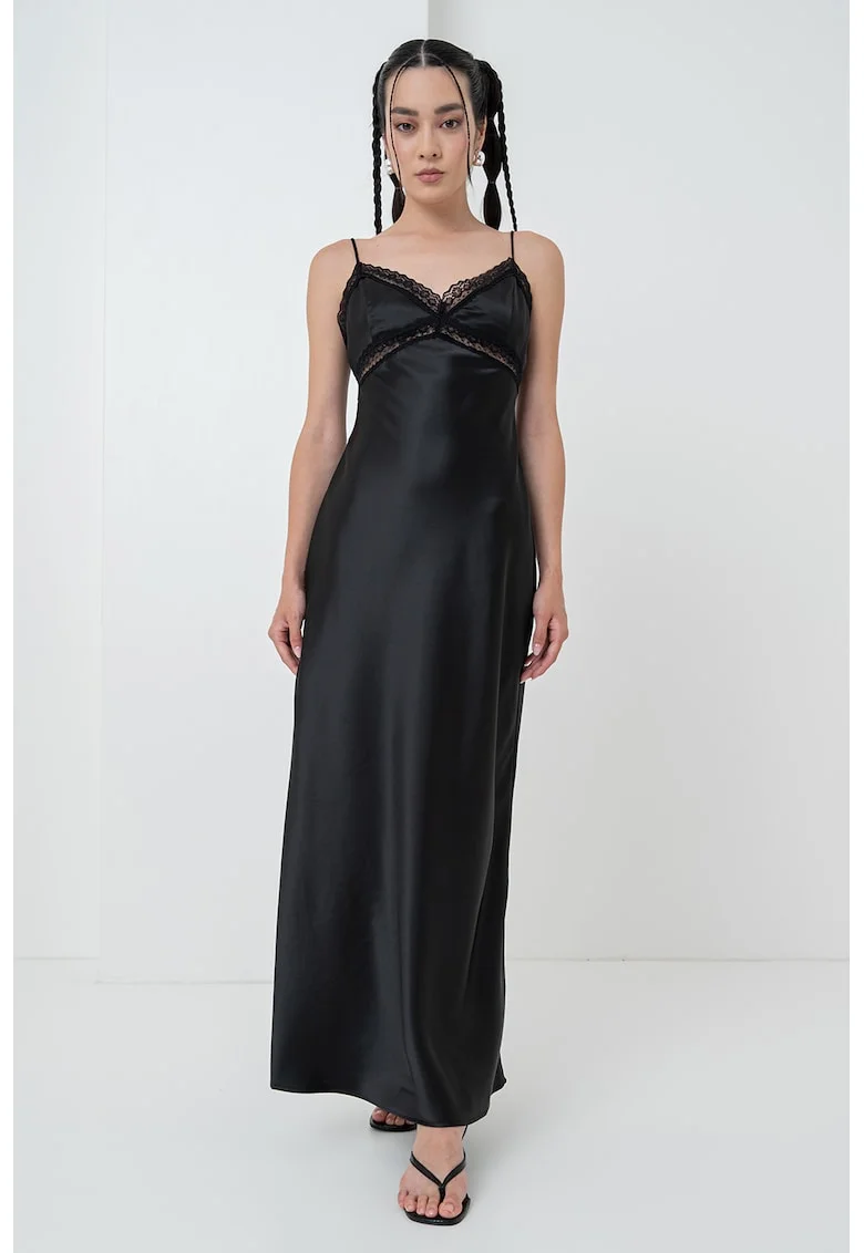 Rochie-furou maxi din satin cu detalii de dantela, Negru