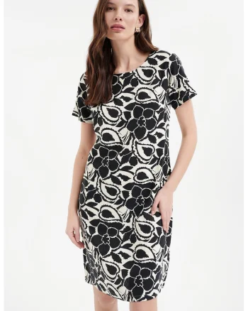 Rochie midi din amestec de in cu imprimeu, Alb fildes/Negru
