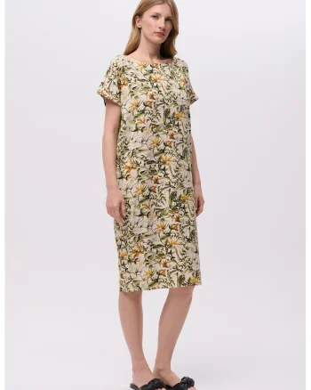 Rochie lejera din amestec de in cu imprimeu, Portocaliu deschis/Kaki/Bej deschis