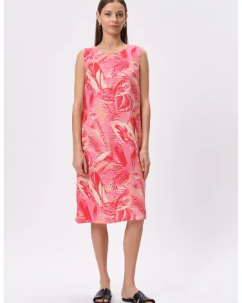 Rochie midi din amestec de in cu imprimeu, Fucsia/Bej deschis