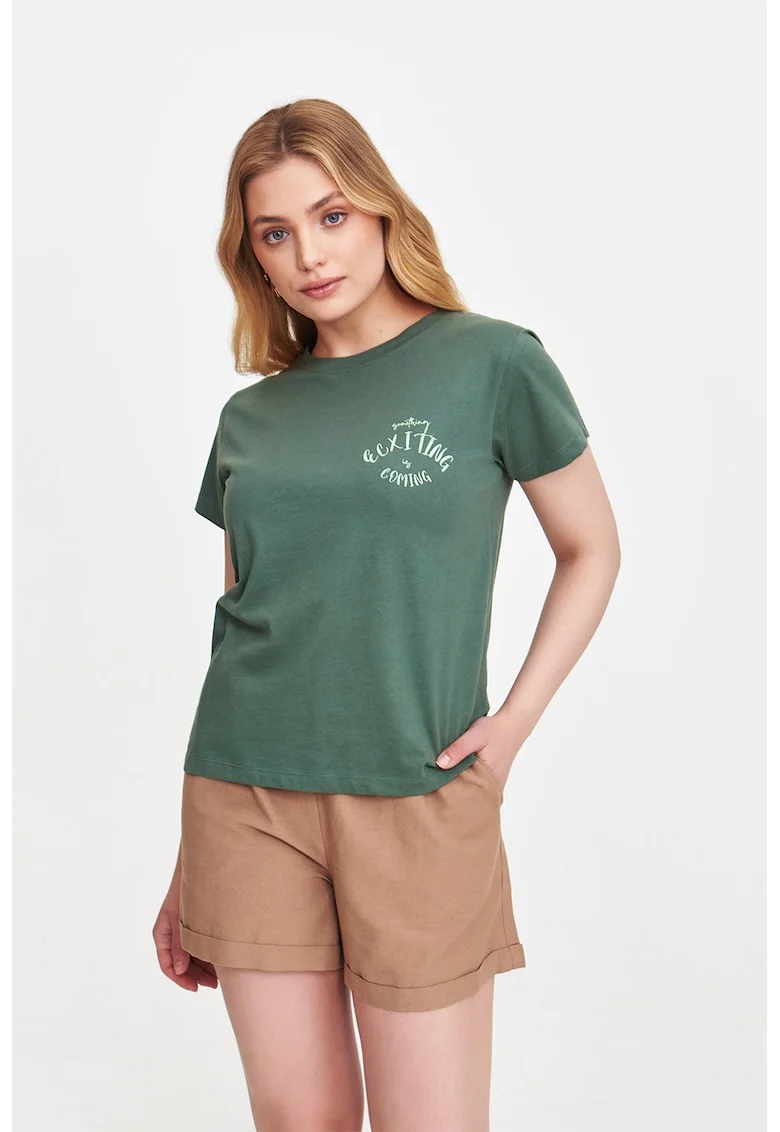 Tricou cu decolteu la baza gatului si detaliu text, Verde feriga