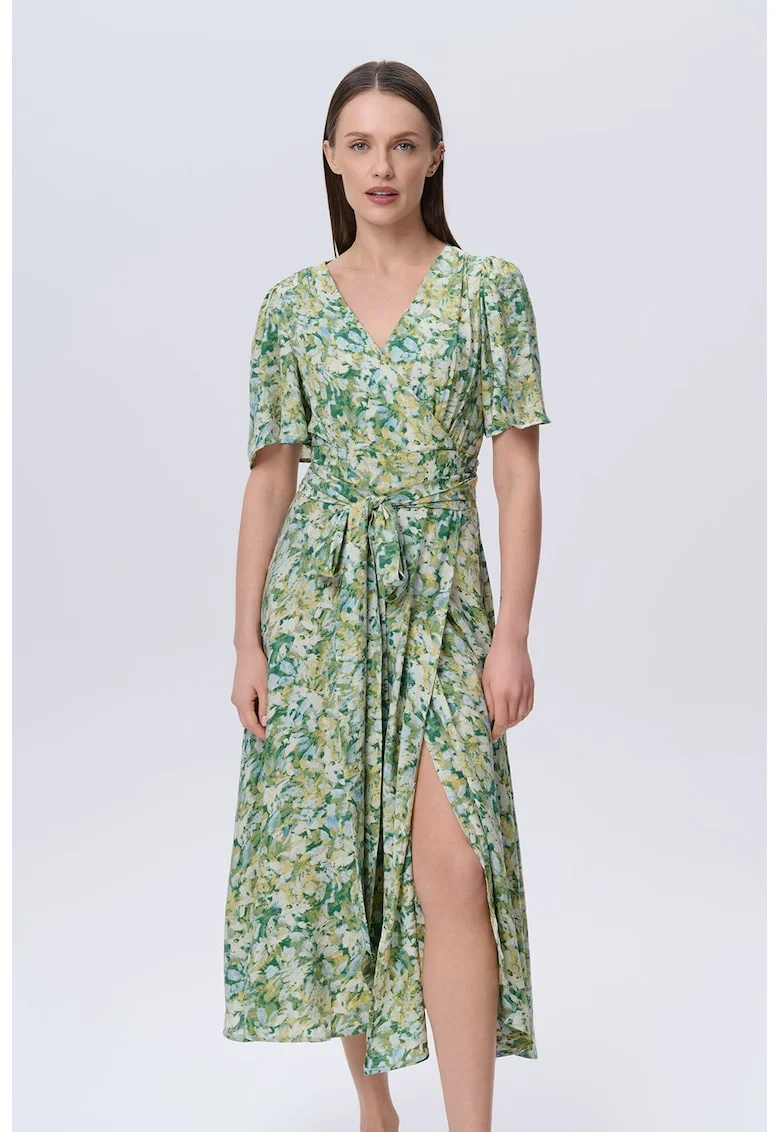 Rochie cu decolteu in V si cordon asortat, Verde pal/Verde fistic