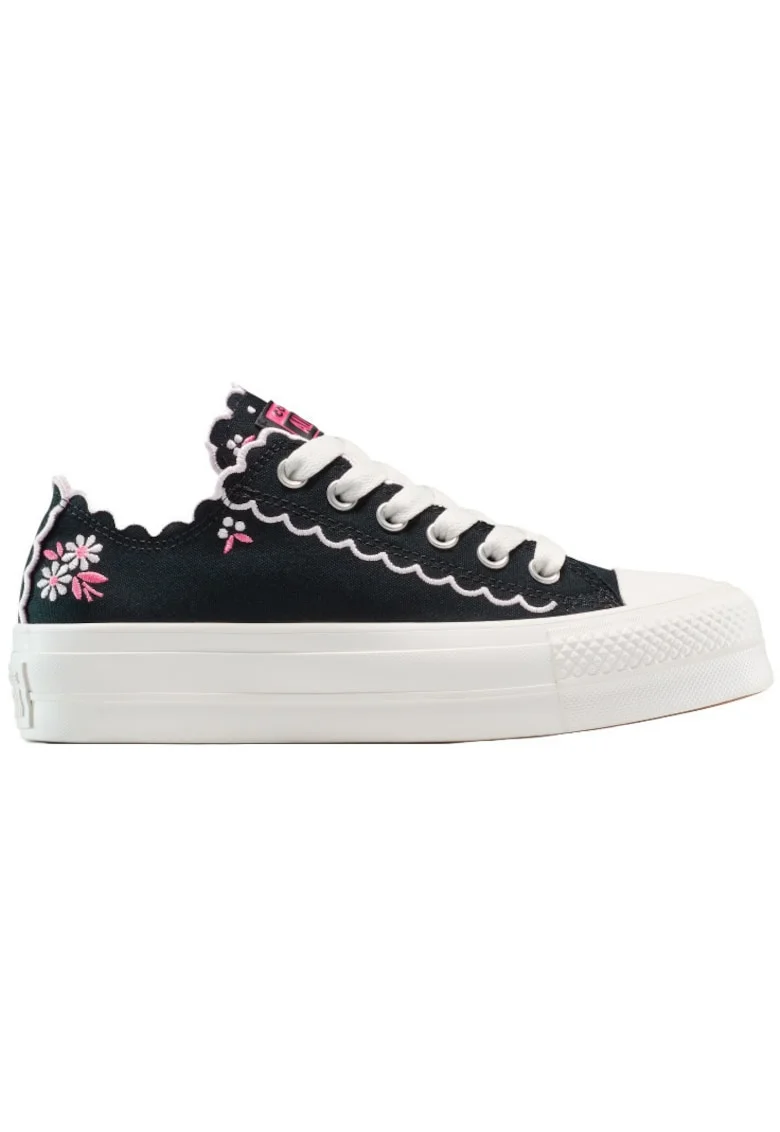 Tenisi  Chuck Taylor All Star cu platforma si flori brodate, Negru