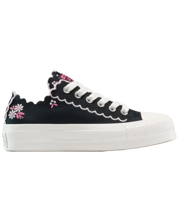 Tenisi  Chuck Taylor All Star cu platforma si flori brodate, Negru