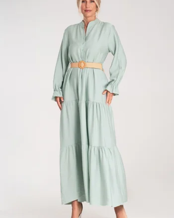 Rochie lunga casual  cu volane, menta, fabricata din material usor,