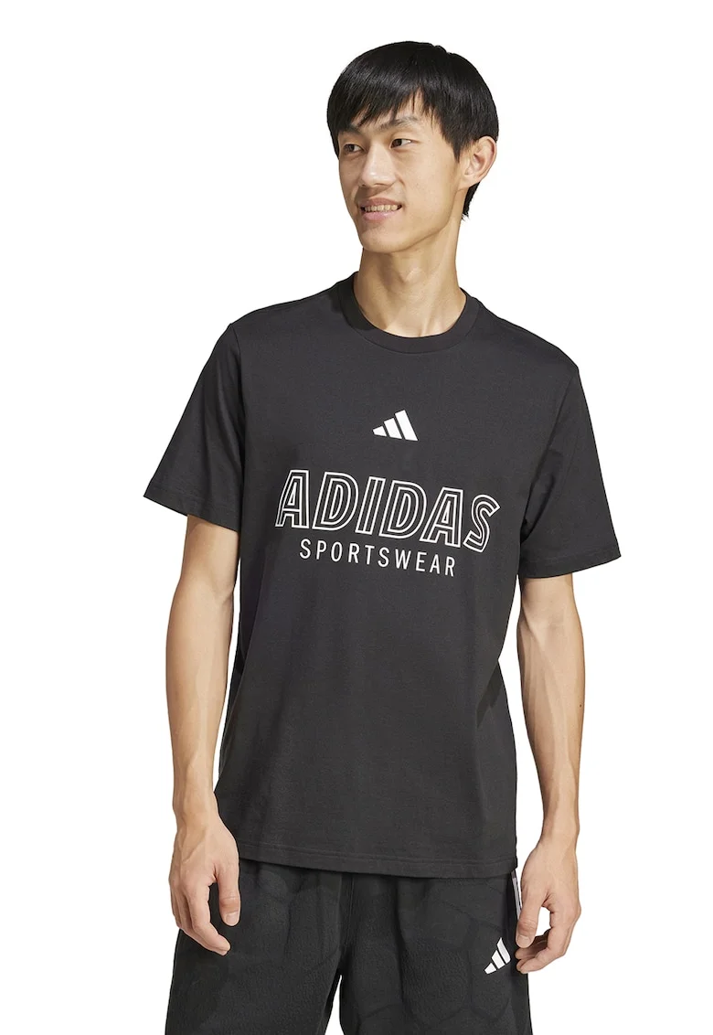 Tricou cu imprimeu logo si decolteu la baza gatului, Negru