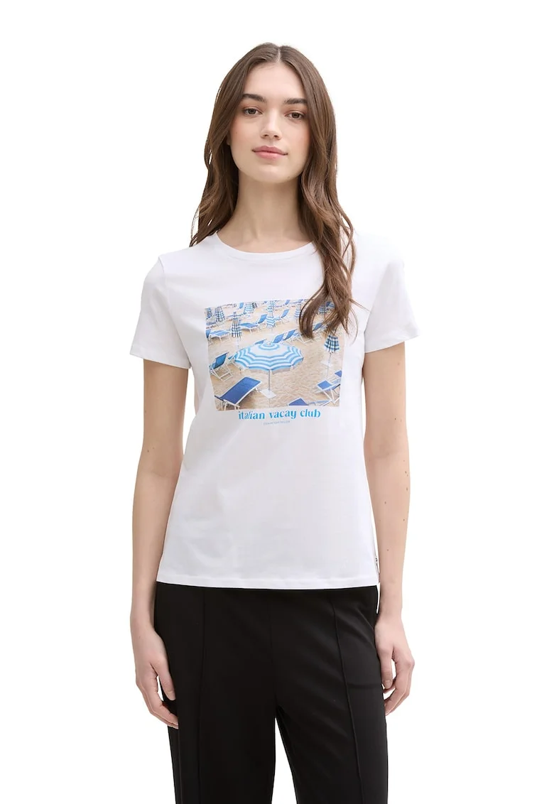 Tricou de bumbac cu imprimeu foto, Alb/Albastru deschis