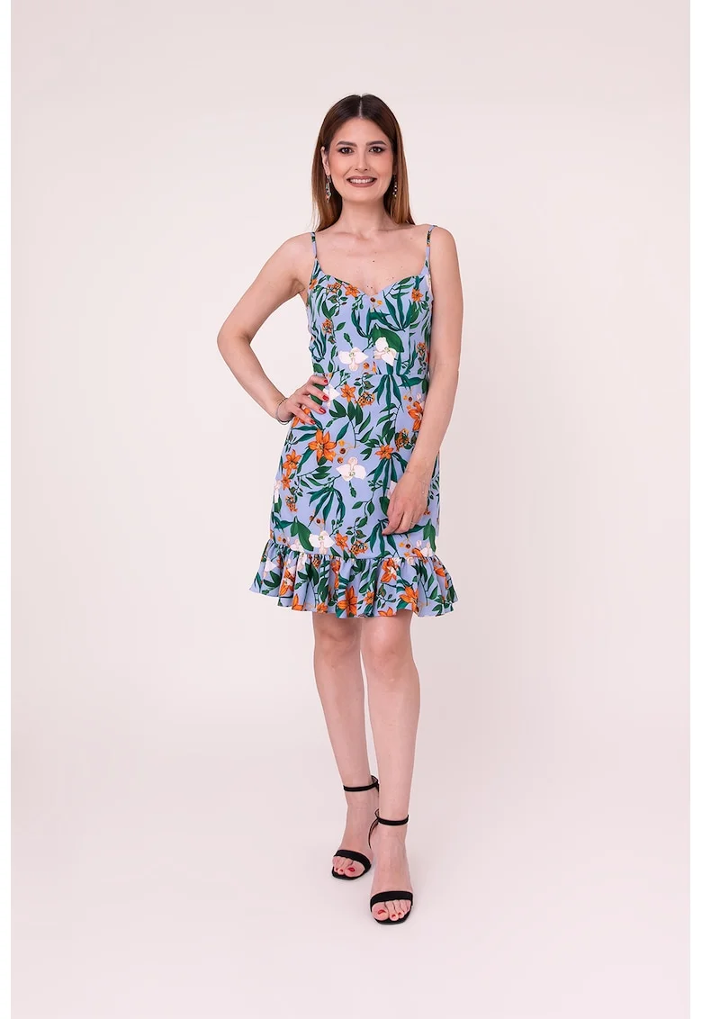 Rochie cu detaliu volane si model floral Forever Yours, Verde/Albastru lavanda