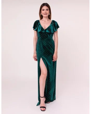 Rochie din catifea cu slit lateral Whispers, Verde englez