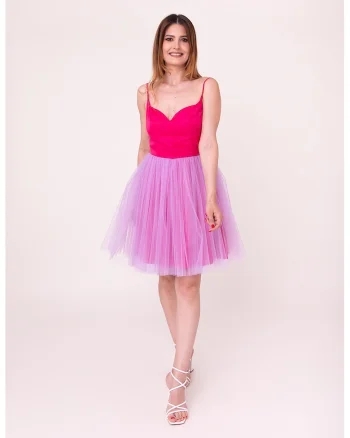 Rochie scurta evazata cu funda pe partea din spate Bloom, Fucsia/Lila