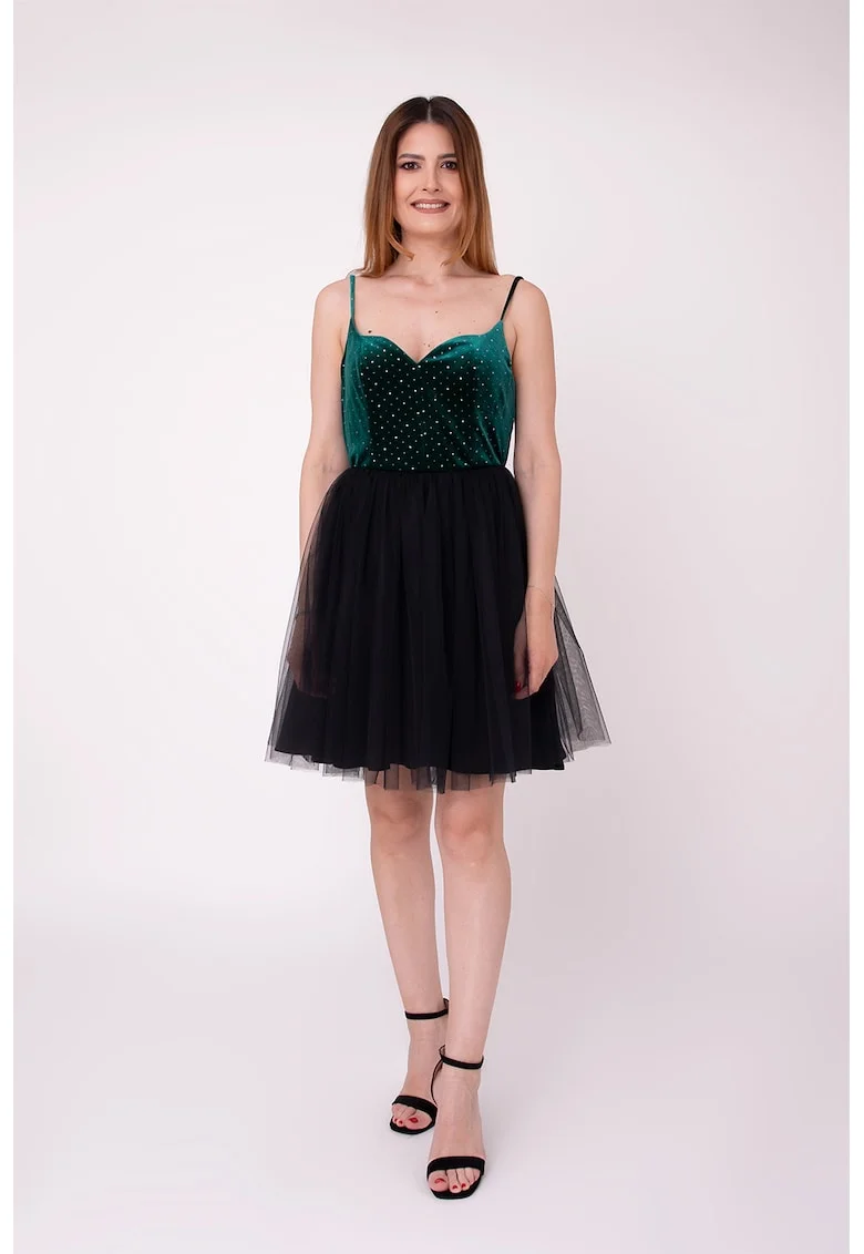 Rochie scurta evazata cu funda pe partea din spate Bloom, Negru/Verde englez