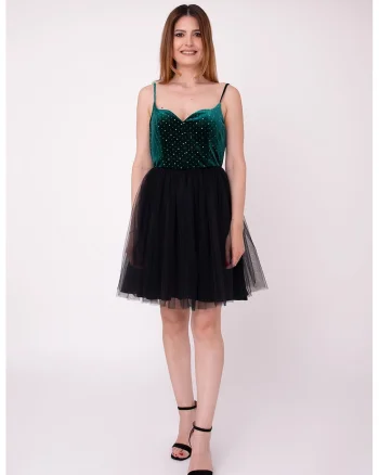 Rochie scurta evazata cu funda pe partea din spate Bloom, Negru/Verde englez