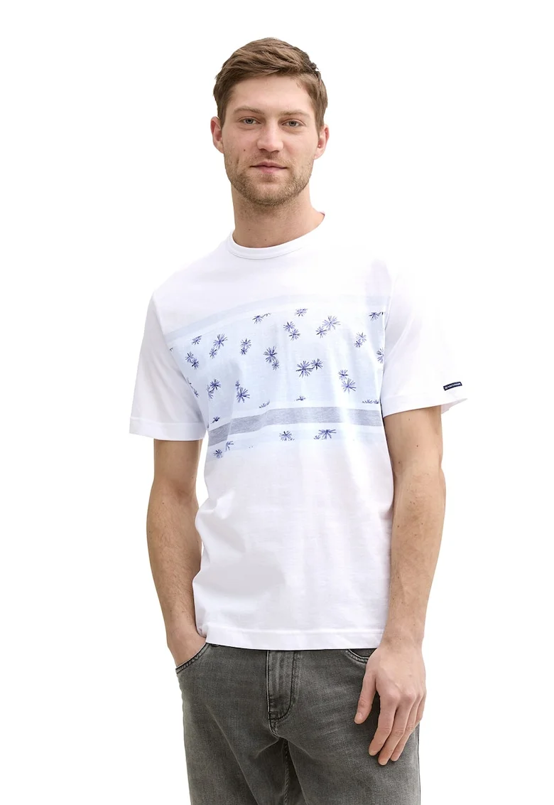 Tricou cu decolteu la baza gatului si imprimeu, Alb/Albastru deschis