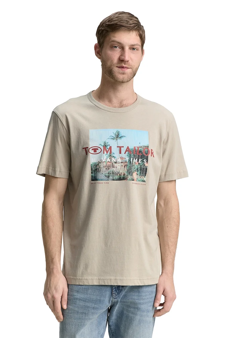 Tricou de bumbac cu imprimeu foto, Bej deschis