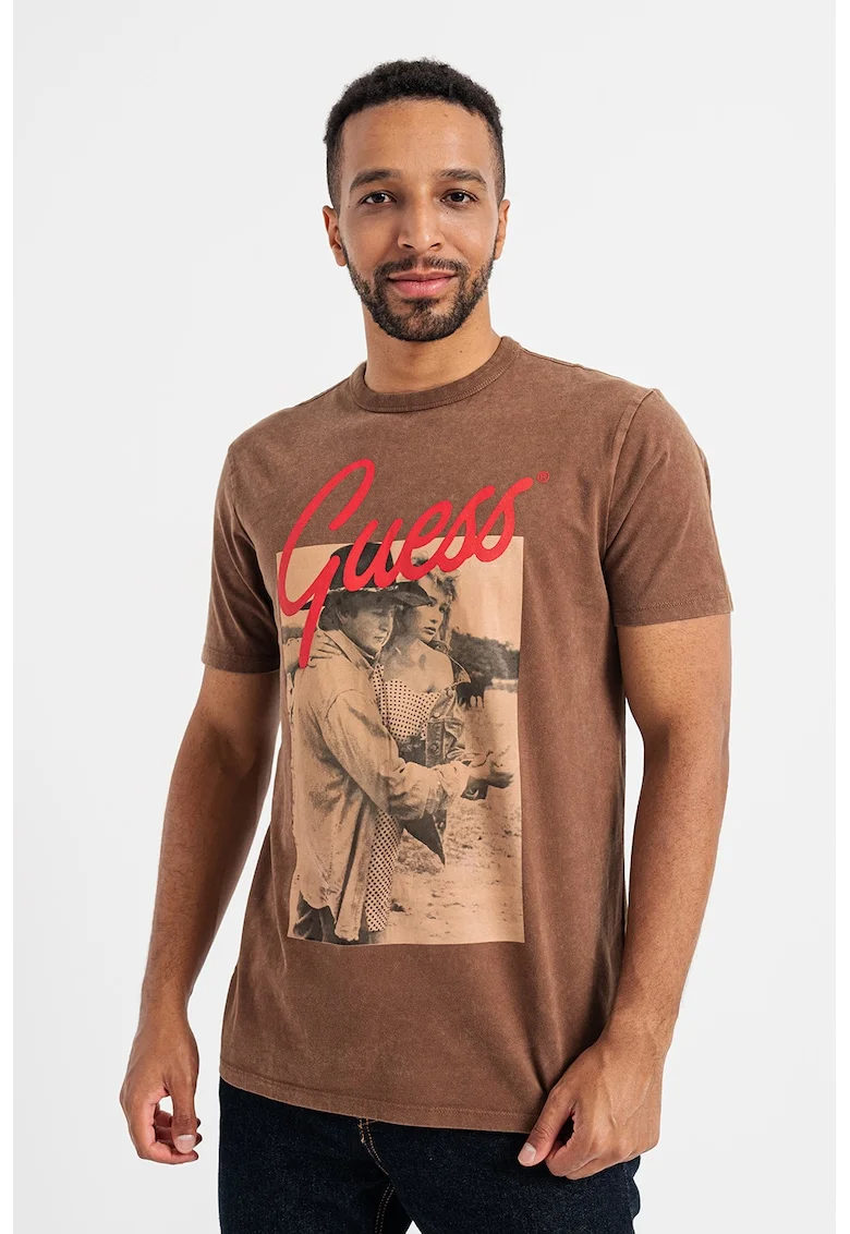 Tricou cu logo si imprimeu foto, Rosu/Maro