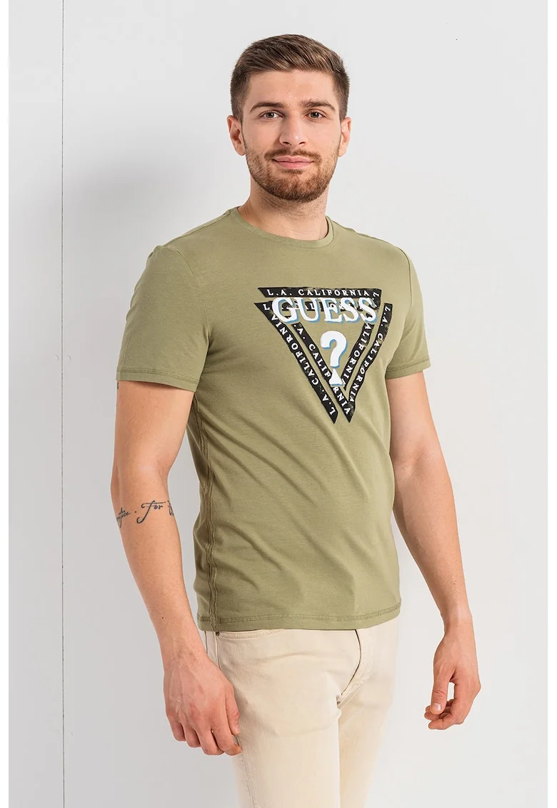 Tricou slim fit cu imprimeu logo contrastant pe piept, Alb/Negru/Verde aquamarin