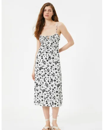 Rochie midi cu croiala in A si model floral, Negru/Alb murdar