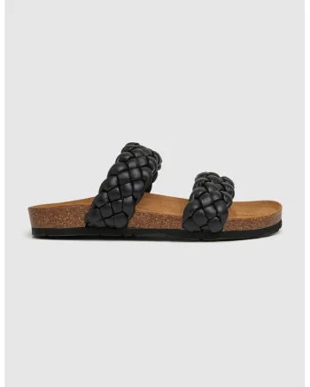 Papuci de piele ecologica cu aspect tesut, Negru