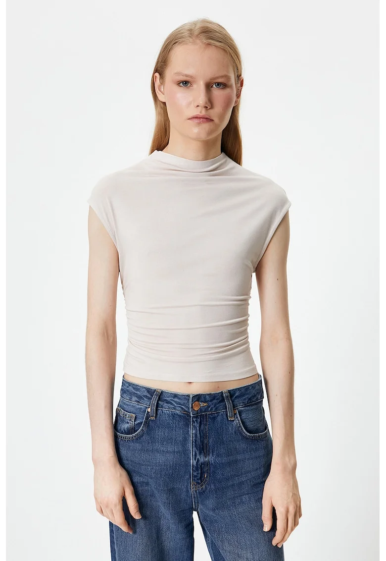 Tricou slim fit cu decolteu la baza gatului, Alb fildes